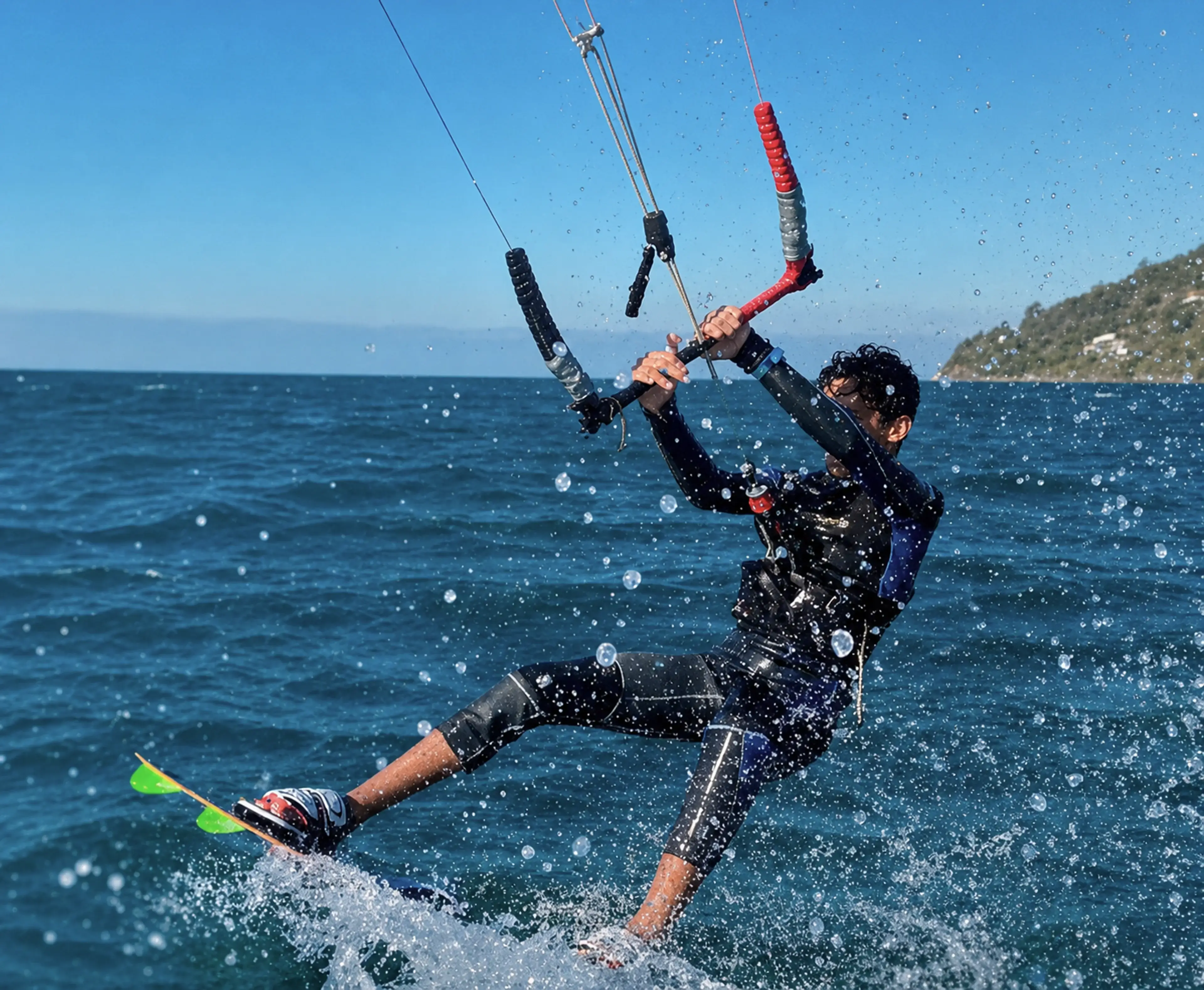 Praticante de kitesurf deslizando sobre o mar