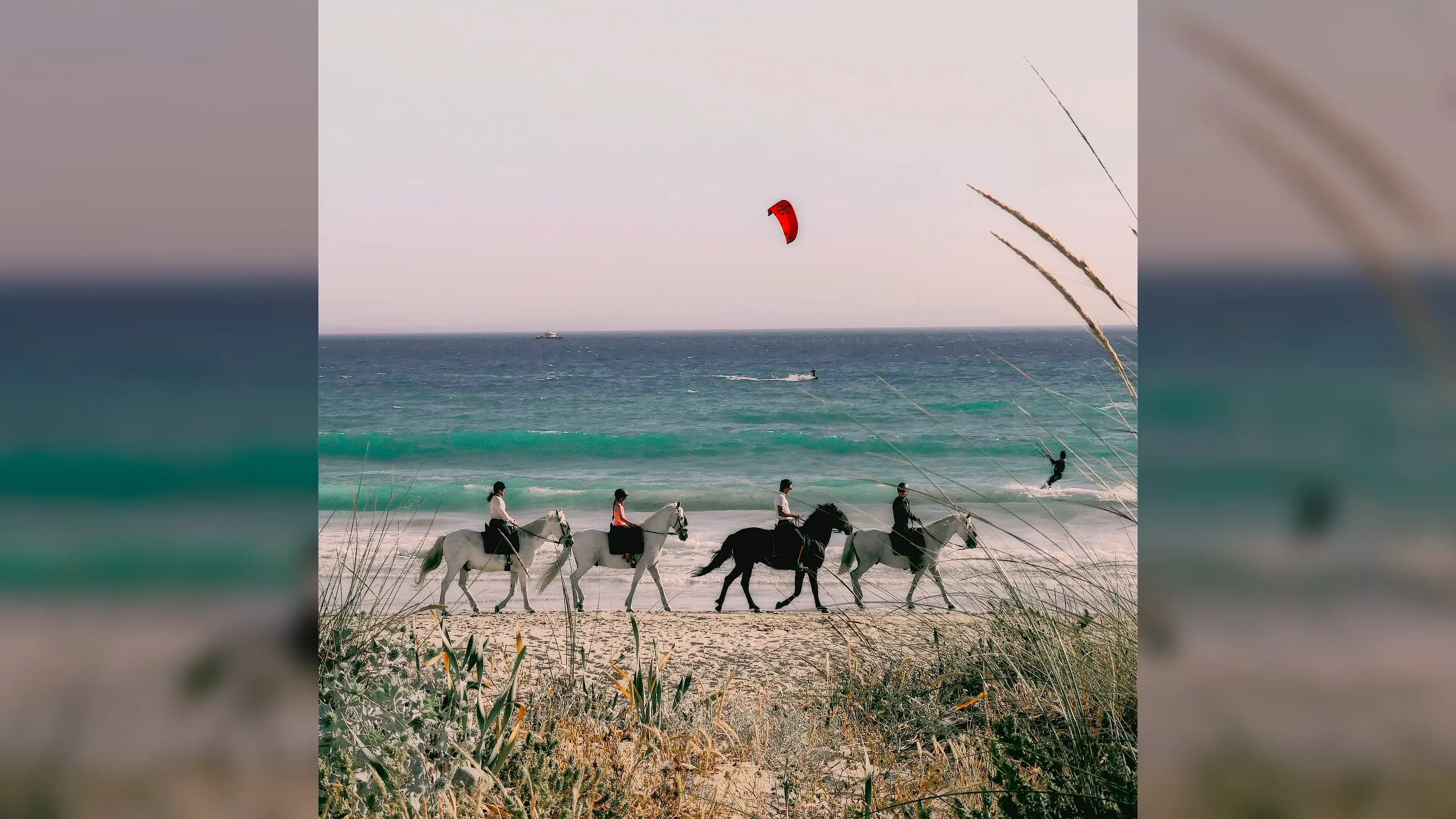 Casal cavalgando próximo ao mar